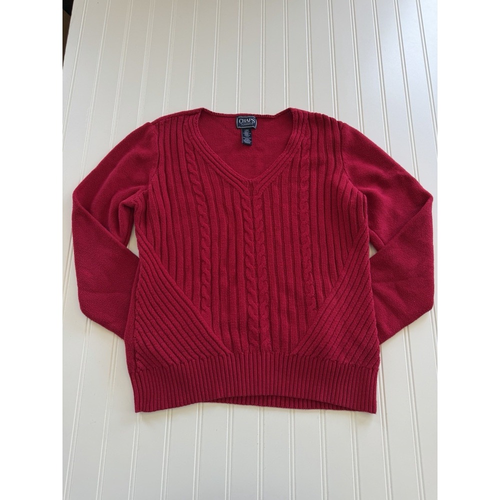 Chaps Classics Cable Knit V-neck‎ Sweater Red Womens L Preppy Pullover